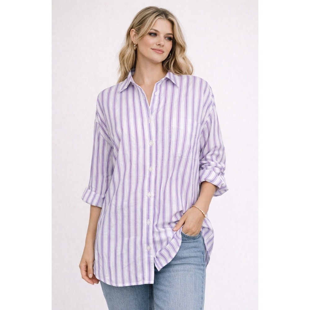 WB4‎ Anthropolgie Meave Striped Shirt Dress Button NWT Medium Purple Oversized